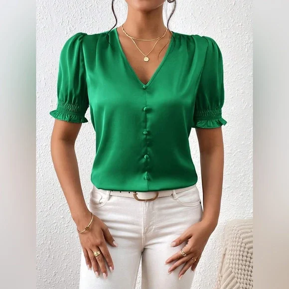 Elegant Green Women's Satin Puff Sleeve Front button Top - Picture 3 of 7
